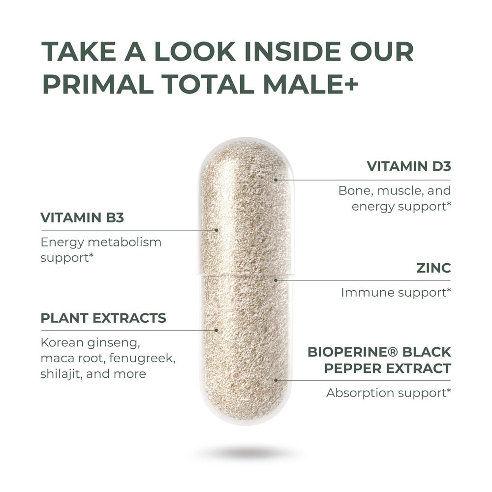 Primal Harvest Total Male+ Multivitamin for Men with Essential Vitamins, Minerals and Herbal Support for Energy, Vitality, Immune Health and Performance