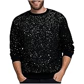 Mens Glitter Sequin Crew Neck Sweatshirt Long Sleeve Plain Thermal Pullover Top Oversized Fashion Fall Casual Wear