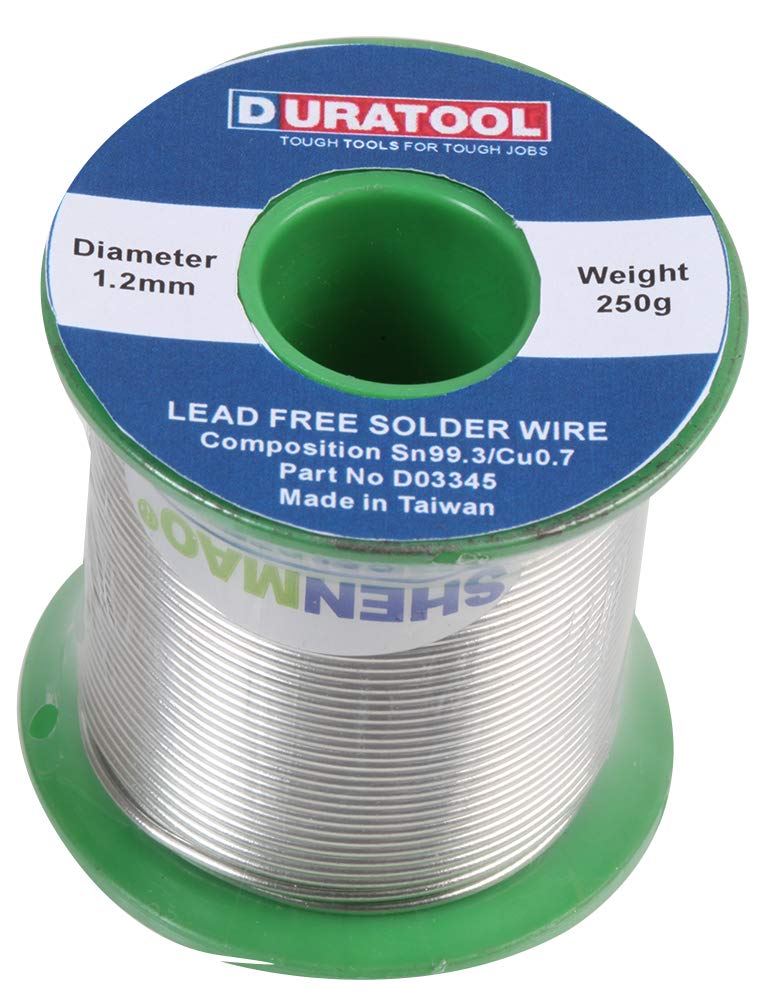 DURATOOL Lead-Free Solder Wire 1.2mm, 250g Reel, Sn99.3/Cu0.7, High Activity Rosin Flux, RoHS Compliant – D03345