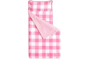 Wake In Cloud - Toddler Nap Mat with Pillow and Minky Fleece Blanket, for Kids Boys Girls in Daycare Preschool Kindergarten, Roll Up Sleeping Bag, Buffalo Check Plaid, Hot Pink White, Standard