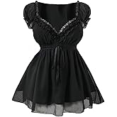 Verdusa Women's Plus Size Y2K Gothic Sheer Lace Blouse Puff Short Sleeve Shirred Ruffle Peplum Tops