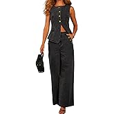loveimgs Women 2 Piece Denim Set Button Sleeveless Jean Vest Denim Top Y2k Shirt Wide Leg Jeans Palazzo Pants Outfits