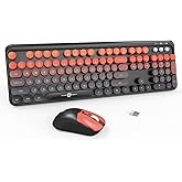 Wireless Keyboard and Mouse Combo, 104 Round Keys Cute Colorful Keyboard and Mouse with Retro Typewriter for PC/Mac/Laptop/Tablet/Computer/Windows Black Red