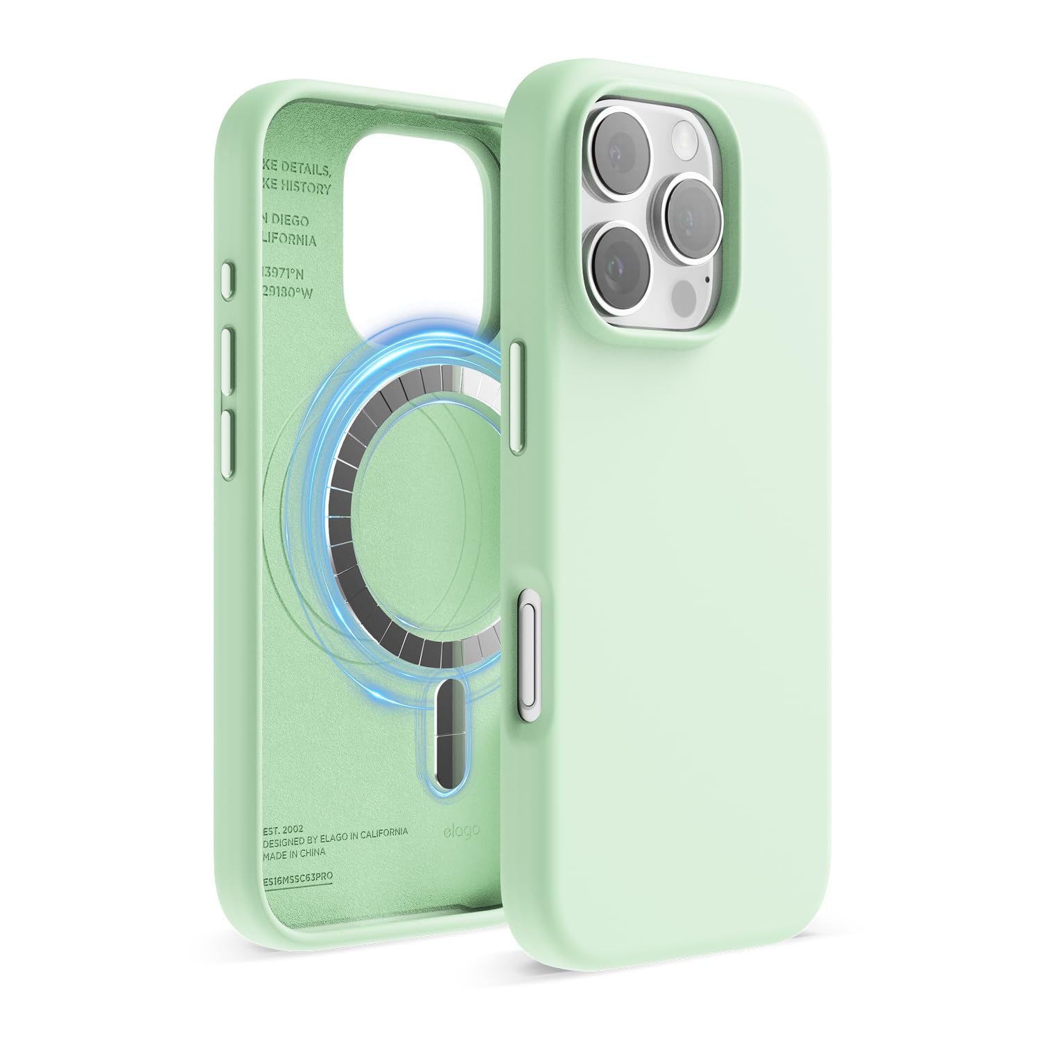 elago Magnetic Silicone Case Compatible with iPhone 16 Pro Case 6.3 Inch Compatible with All MagSafe Accessories - Built-in Magnets, Soft Grip Silicone, Shockproof (Soft Mint) — image 1
