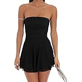 GOKATOSAU Women's Summer Ruffle Hem Sheer Mesh Strapless Tube Bodycon Ruched Flowy Mini Dress