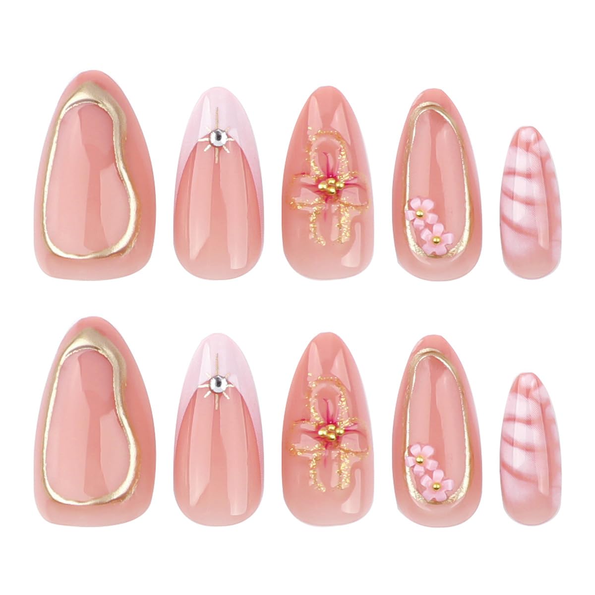 24 Pcs Spring Press on Nails Short Almond - YEFIUO Flesh Pink Nail Tips Acrylic Nail Kit 3D Flower Pearl Charms Nail Art Fake Nails Press ons French Tip Glue on Nails Full Cover False Nails for Women - Image 5