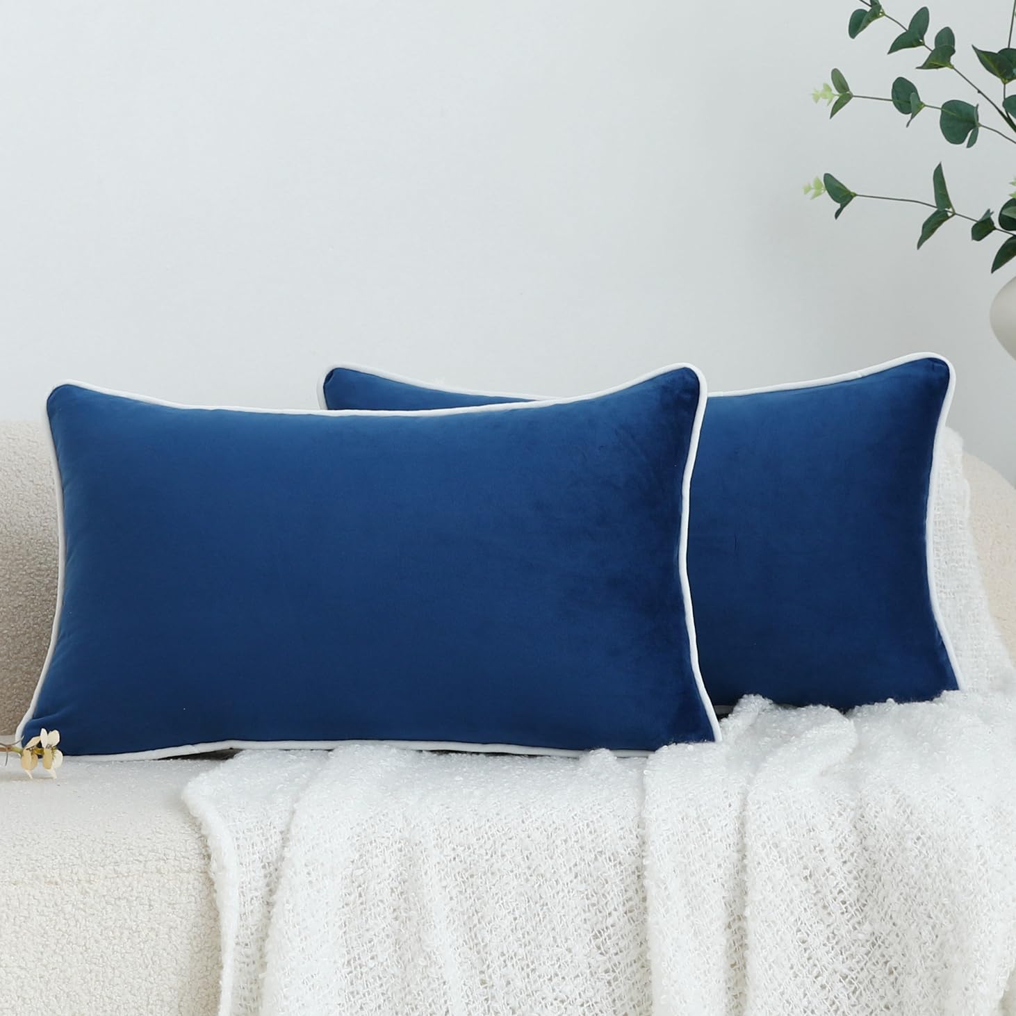 LIGICKY Set of 2 Nayy Blue Velvet Lumbar Pillow Covers Modern Minimalist Style Solid Decorative Black Rope Edging Soft Rectangle Cushion Cases for Sofa Bedroom Party Décor, 12 x 20 inch
