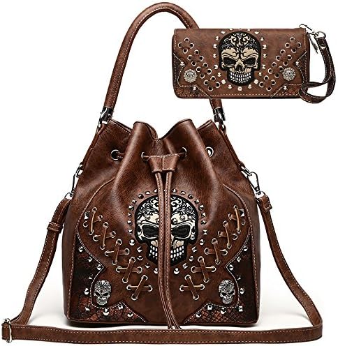 Sugar Skull Punk Art Rivet Studded Concealed Carry Purse Women Handbag Fashion Shoulder Bag Wallet Set