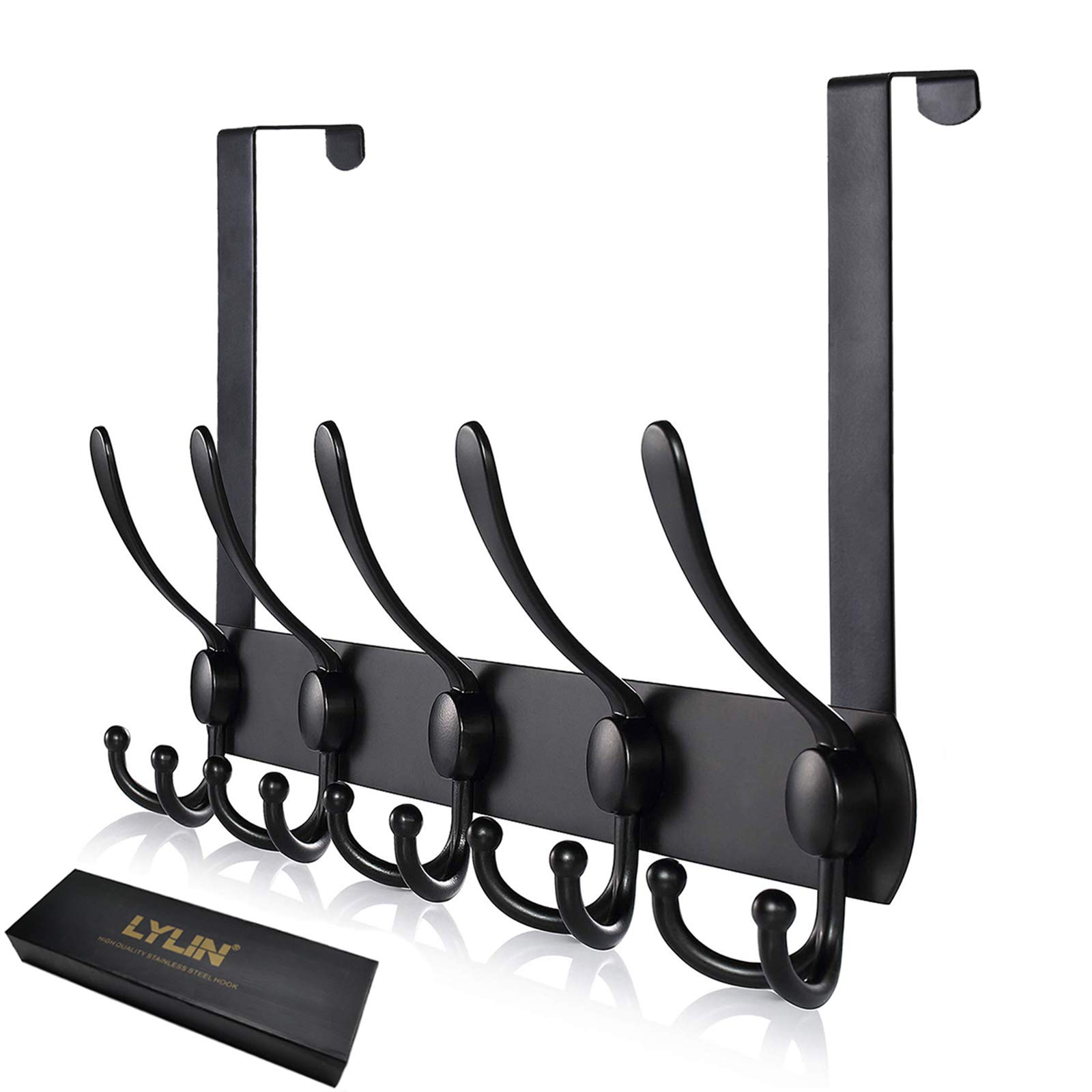 LYLIN Over The Door Hook Hanger, Stainless Steel Hangers for Door with 15 Hooks, Heavy Duty Storage Rack Wall Hanger for Coat, Clothes, Towel, Bag, Robe (Black, Doors Thickness 4.5cm)