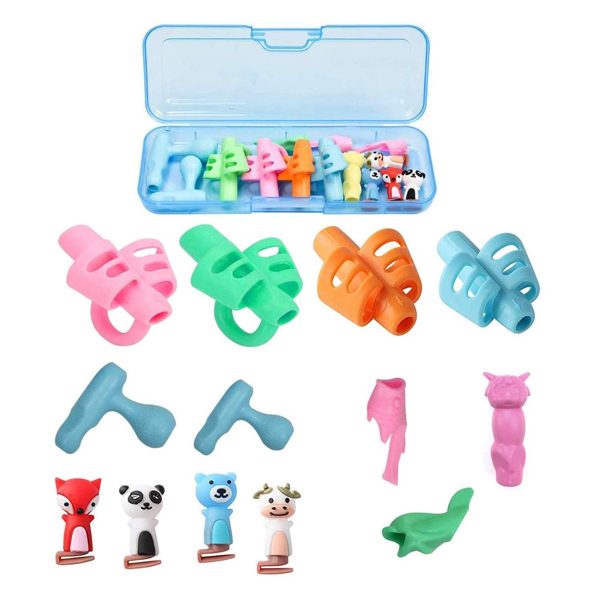 Pencil Grips for Children,13 pieces Pencil Grip Set Handwriting Correction Tool for Kids with 3 Stages of Progressive Improvement Multi Colour Designs Silicone Pencil Finger Gripper Holder with Box