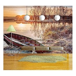 Calm Water of Lake, River and Rowing Fishing Boat at Beautiful Sunrise in Autumn Morning. - Removable Wall Mural | Self-Adhesive Large Wallpaper - 66x96 inches