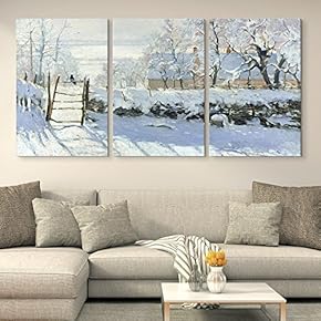 3 Panel Canvas Wall Art - The Magpie by Claude Monet - Giclee Print Gallery Wrap Modern Home Art Ready to Hang - 16"x24" x 3 Panels