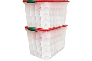 HOMZ 2-Pack Holiday Tote, Clear Plastic Storage Bins w/Lids & Dividers, 112 Quart, Red - Stackable Organizing Containers for Christmas Ornament Decorations, Gift Wraps, and Crafts