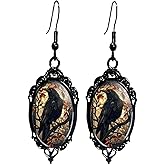 Gothic Halloween Cameo Earrings,Vintage Crystal Glass Witch/Raven/Bat/Tree Dangle Earrings Punk Style Dark Earring Goth Victorian Earring Halloween Jewelry for Women
