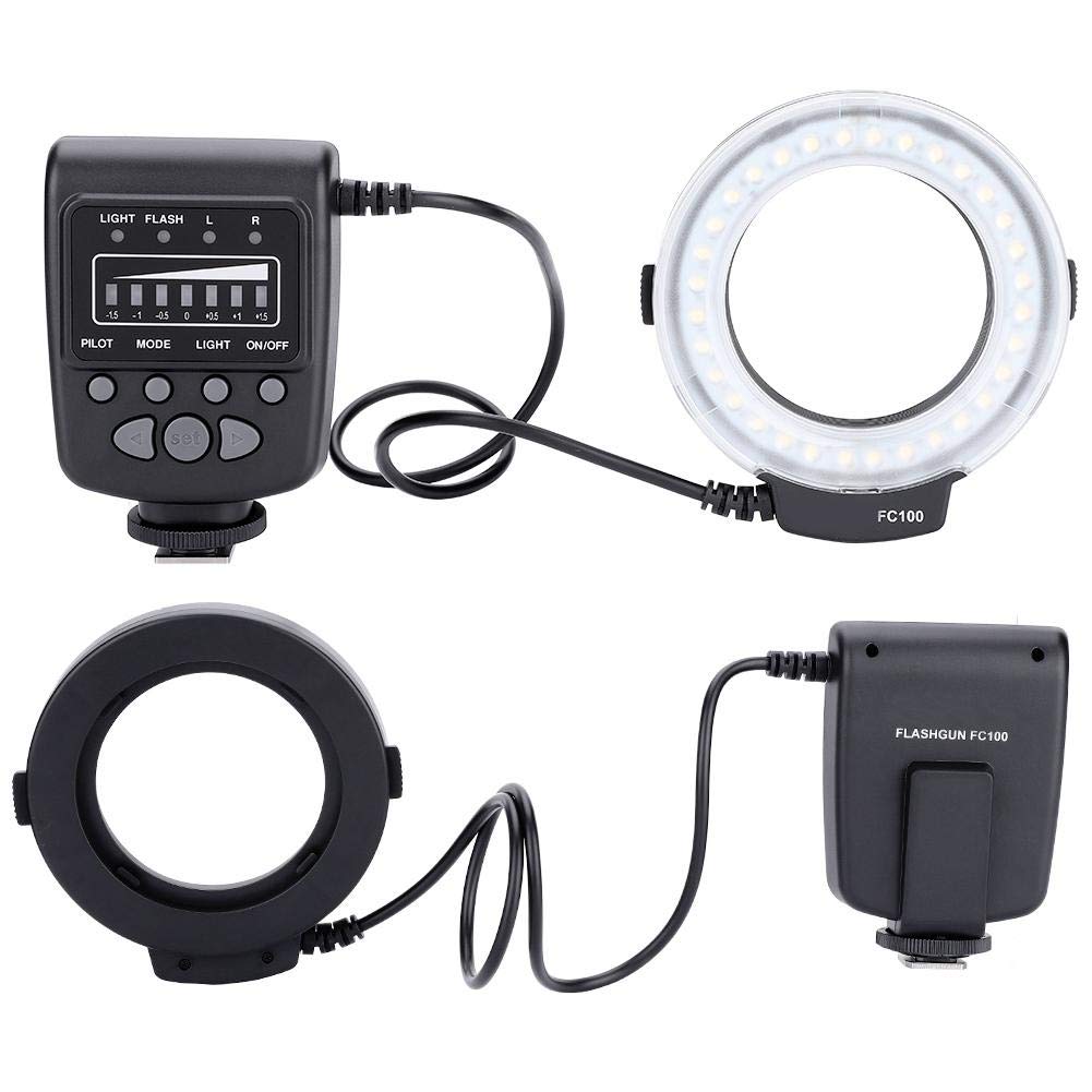 Topiky FC-100 Portátil LED Macro Anillo Flash 5500K Ajuste Brillo Juego de  luz de llenado para cámara de Video Speedlite con 8 adaptadores Anillo y  Controlador para cámara Canon/Nikon Flashes macro y
