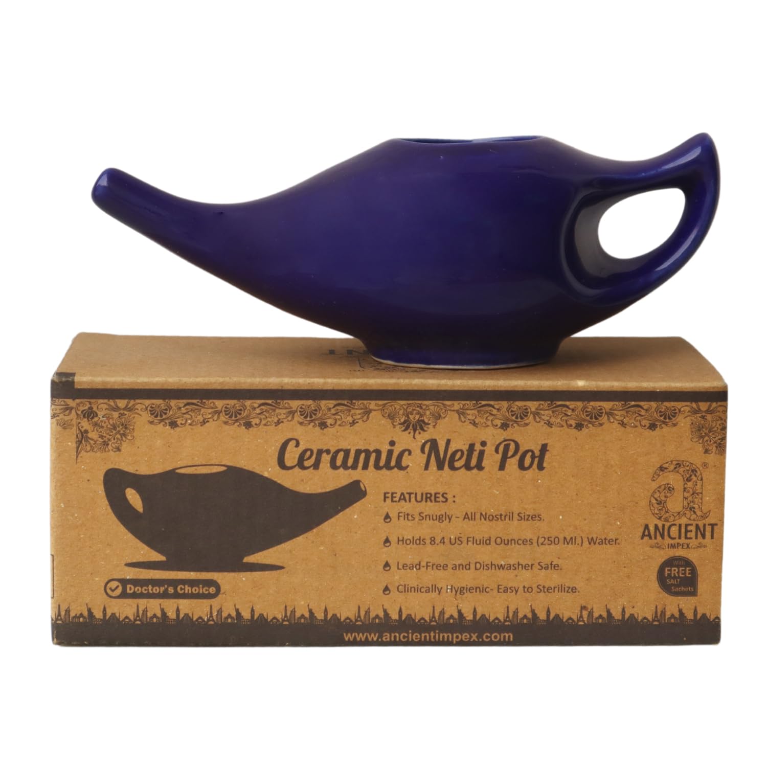 Ancient IMPEX Ceramic Neti Pot 250 Ml (Violet) with 5 Sachets Neti Salt | Natural Remedy for Nasal Wash, Sinus Relief & Nasal Hygiene | Ayurveda Nasal Irrigation Pot