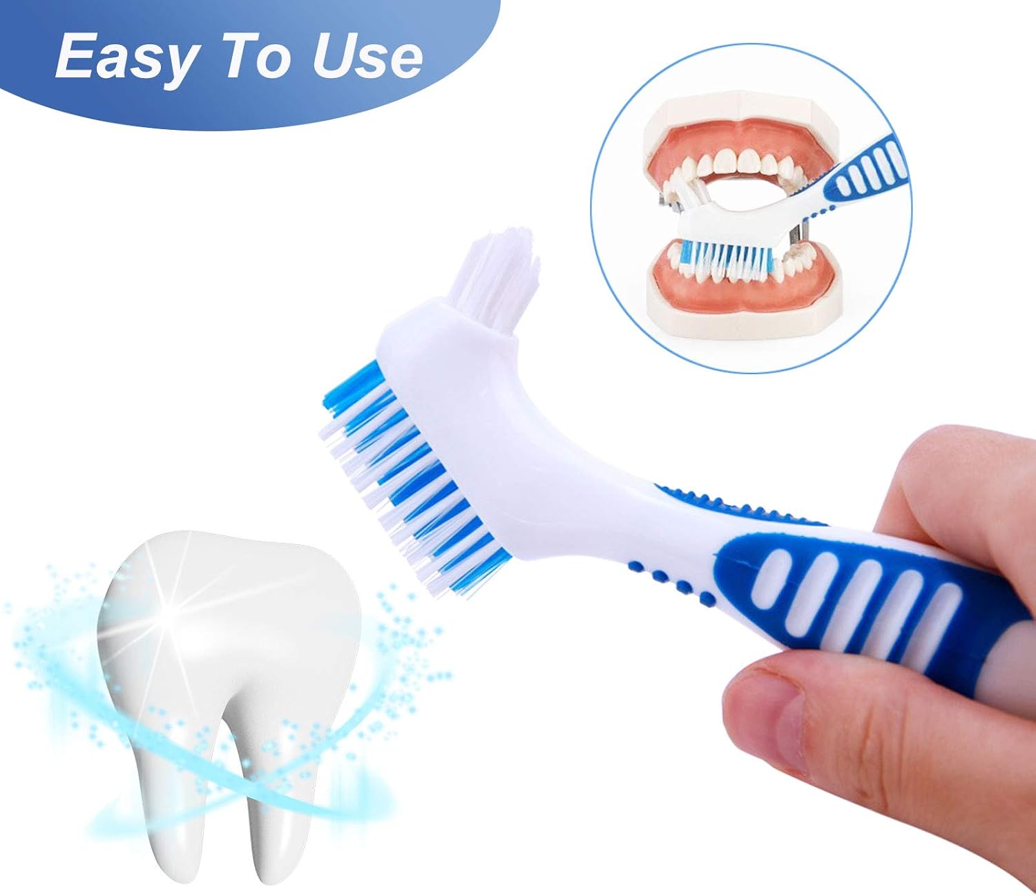 Premium Denture Cleaning Brush Set with Multi-Layered Bristles & Ergonomic Rubber Handle, Portable Denture Double Sided Brush for False Teeth Cleaning, 3 Pieces (Blue, Orange, Purple): Health & Personal Care