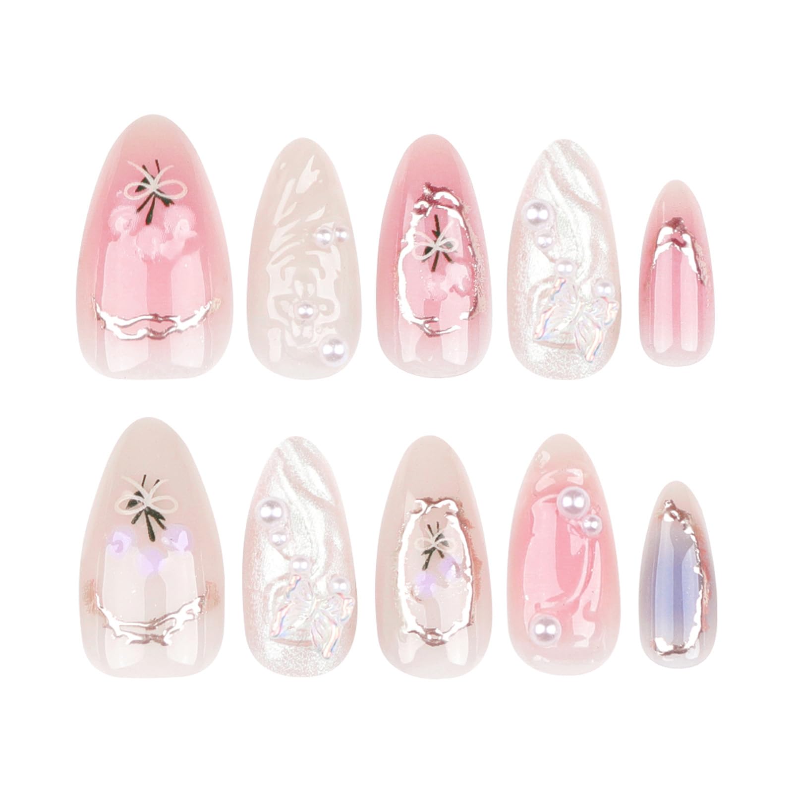 LPOODDNU 3D Handmade Press on Nails with Charms Medium Almond Fake Nails Cute French Nails Press ons Butterfly Flower Bow Stick on Nails Almond Shape Acrylic Nails Pearl Nails for Women Daily Wear - Image 5