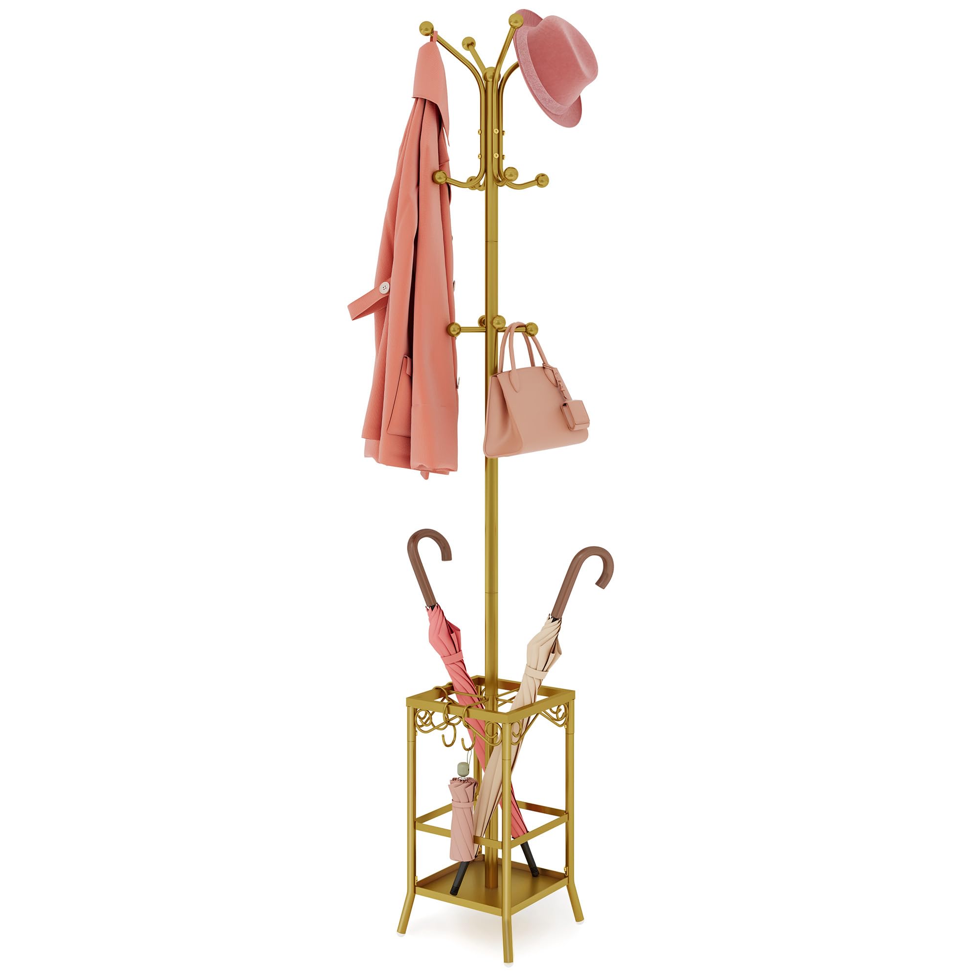 Photo 1 of Hoctieon Coat Rack Freestanding, Coat Tree with Umbrella Holder, Metal Coat Rack Stand with 12 Hooks, Standing Coat Hanger Stand, Umbrella Stand for Entryway, Hat Rack Stand for Home Office, Gold
