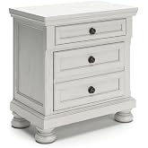 Signature Design by Ashley Tall Antique White Nightstand Wood Bedside Table | Two dovetail drawers, Hidden pull-out tray for valuables, Textured antiqued white oak finish, Robbinsdale Series