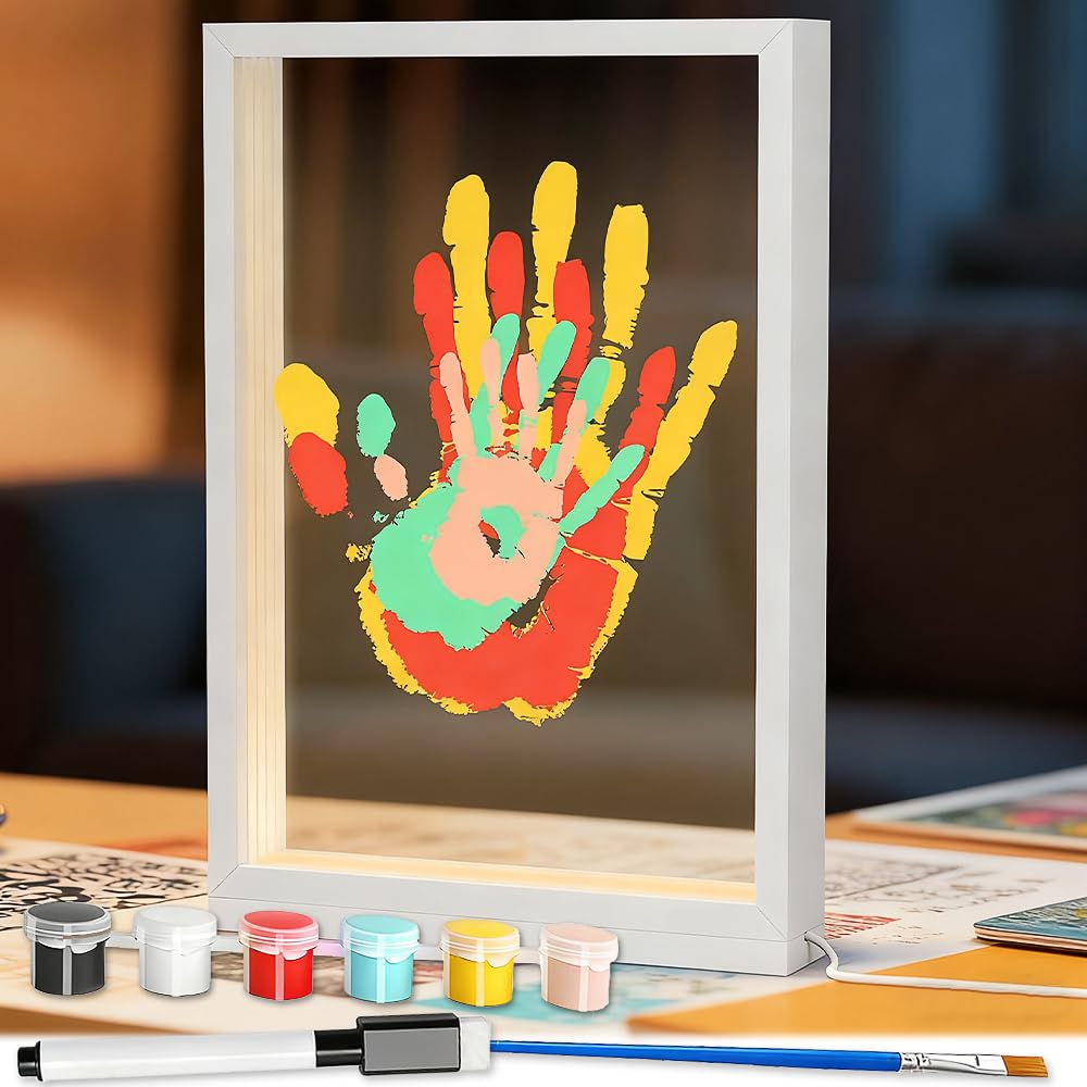 Hojalis Family Handprint Kit with LED Light, Baby Hand and Footprint Kit with 4 PS Panels, 6 Paints, 1 Paintbrush, DIY Craft Keepsake Wooden Frame, Gift for Family, Grandparents, New Parents (White)