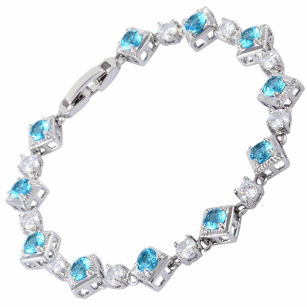 RIZILIA Tennis Bracelet [18cm/7inch] with Round Cut Gemstones CZ [Aquamarine] in 18K White Gold Plated, Simple Modern Elegance