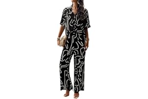 Xixiuly Women's Summer 2 Piece Lounge Sets Outfits Print Short Sleeve Button Blouse Top High Waist Wide Leg Pants Loose Sets