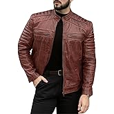 TLC Mens Leather Jacket | Sheepskin Quilted Shoulders Bold Biker Cafe Racer Style Leather Jacket Men