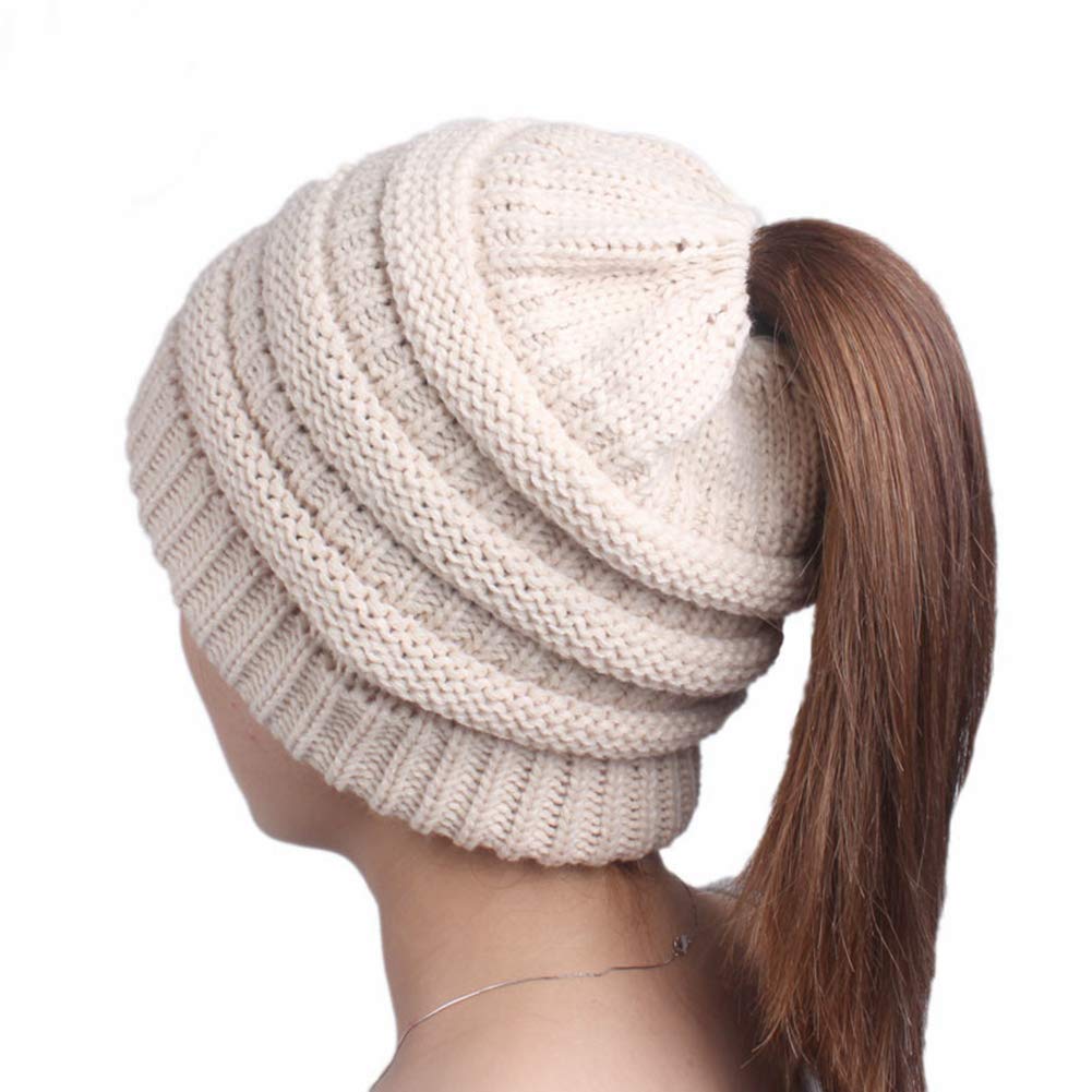 A-Rainbow Beige Winter Cable Knit Ponytail Beanie Soft Stretch Messy High Bun Hat Cap for Women