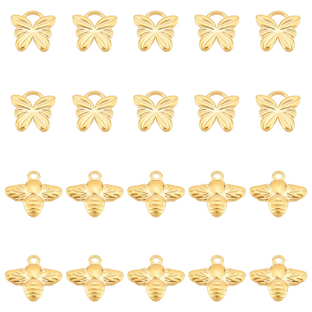 DICOSMETIC 20Pcs 2 Styles Bee Charms Stainless Steel Bee and Butterfly Charms Textured Gold Color Bumble Bee Charms for Bracelet Necklace Earring DIY Jewelry Making, Hole: 1.5~3mm