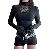 Inpunktoo Goth Turtleneck T Shirt for Women Grunge Y2k Vintage Emo Punk Rave Japanese Gothic Long Sleeve Fitted Cute