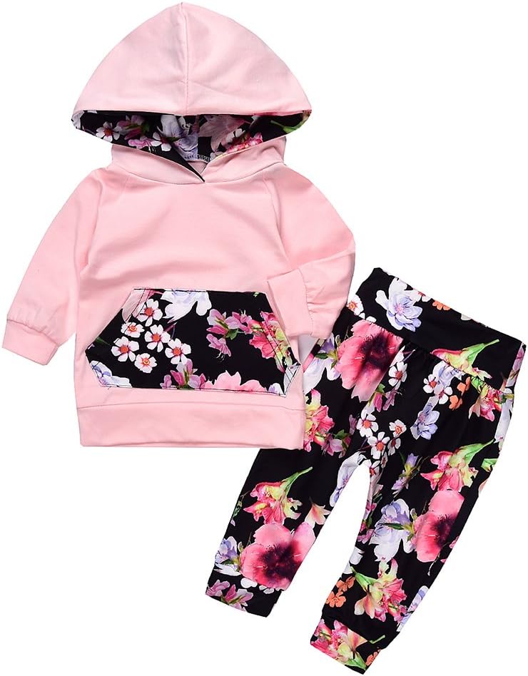 Lovely Baby Girls Outfit Winter Floral Hoodie with Pocket Flower Long Pants Set Leggings 2pcs