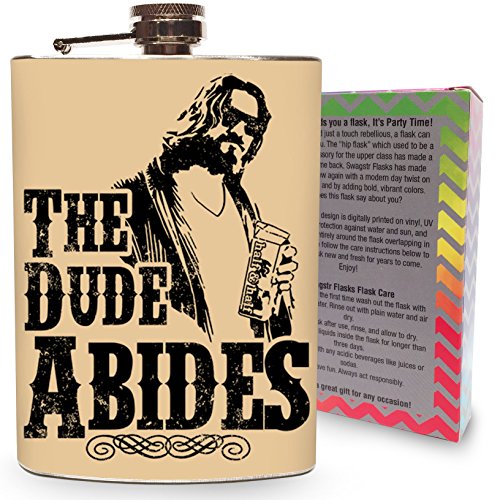 The Dude Abides Flask Stainless Steel 8oz Liquor Alcohol Metal Drinking Whiskey Flasks Big Lebowski Movie - Gift Box