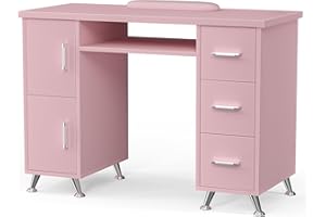 Charmmade Manicure Table Nail Desk for Nail Tech with Drawers, Mancure Table Nail Station for Technician Storage Cabinet, Open Drawer, Wrist Pad, Metal Legs, for Beauty, Salon, Spa Makeup, Pink