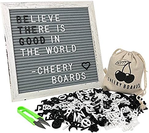 Gray Felt White Frame Vintage Changeable Letter Board with Black and White Characters, Symbols and Emojis, Attached Stand, Wall Mounting Hook, Scissors and Canvas Bag. By Cheery Boards