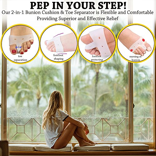 (2 Pairs) Bunion Pads and Toe Spacer Deluxe Combo/Bunion Cushion with Silicone Gel Separators - Gel Toe Straightener Bunion Relief Pads and Toe Alignment- Big Toe Separator
