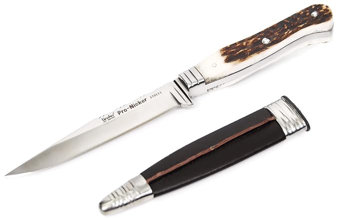 Jagdmesser, Lederhosen-Messer, Hirschfänger-Flachangel, Edelstahlklinge, Rostfrei echtes Hirschhorn, Jagdnicker für Jäger und