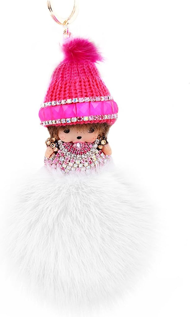 BXT Womens Kids Lovely Wool Hat Monchhichi Doll Crystal Diamond Keychain Keyrings Pearl Rhinestone Fur Ball Pompoms Key Chain for Car Keys Ring Clip with Carabiners Charm Backpack Bag Hanging Pendant