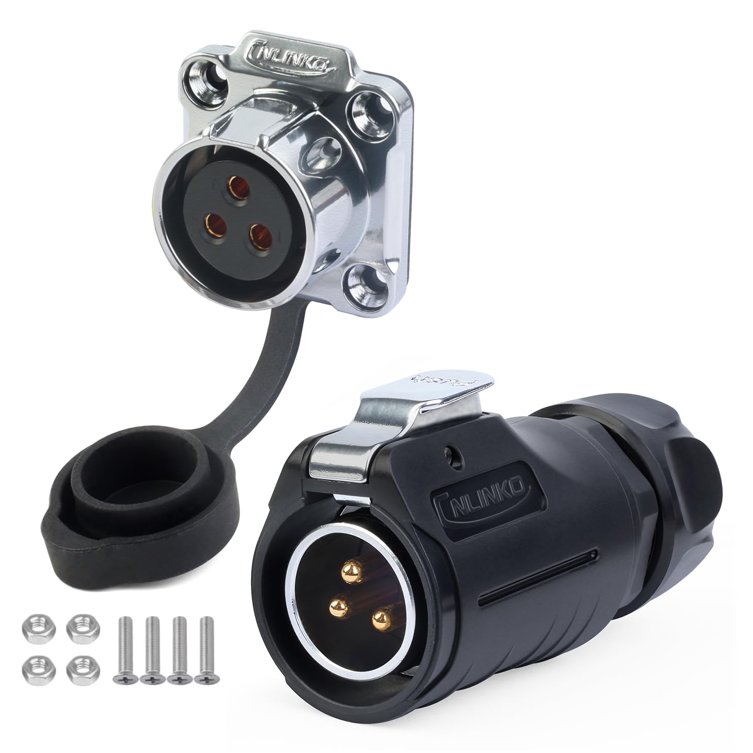 CNLINKO LP-20 Industrial Waterproof Connector IP68 Circular Connector Quick Plugging Aviation Connector Anti-Interference Shell Fast Release Connector M20 2-12 Pin Flange Socket (3 Pin)