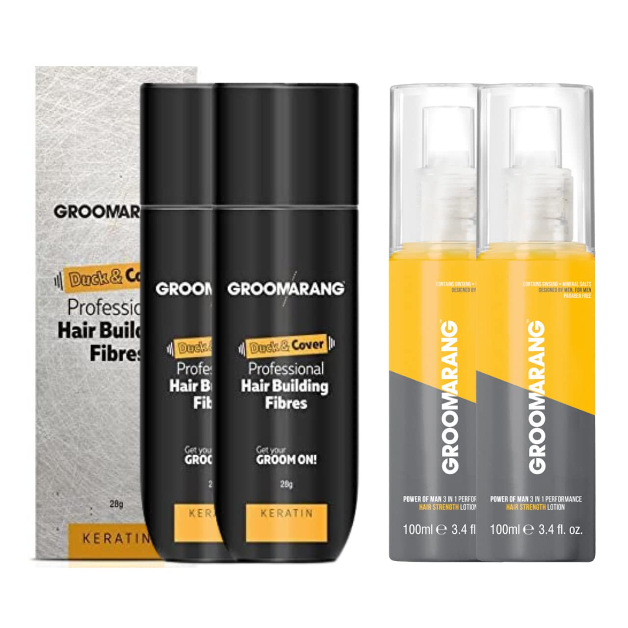 Hair Fibres X2 GROOMARANG Keratin Hair Building Fibres for Thinning Hair- Instantly Conceals Thinning Areas for Fuller Thicker Hair For Men & Women 28g + X2 Hair Loss Lotions (Light Brown)