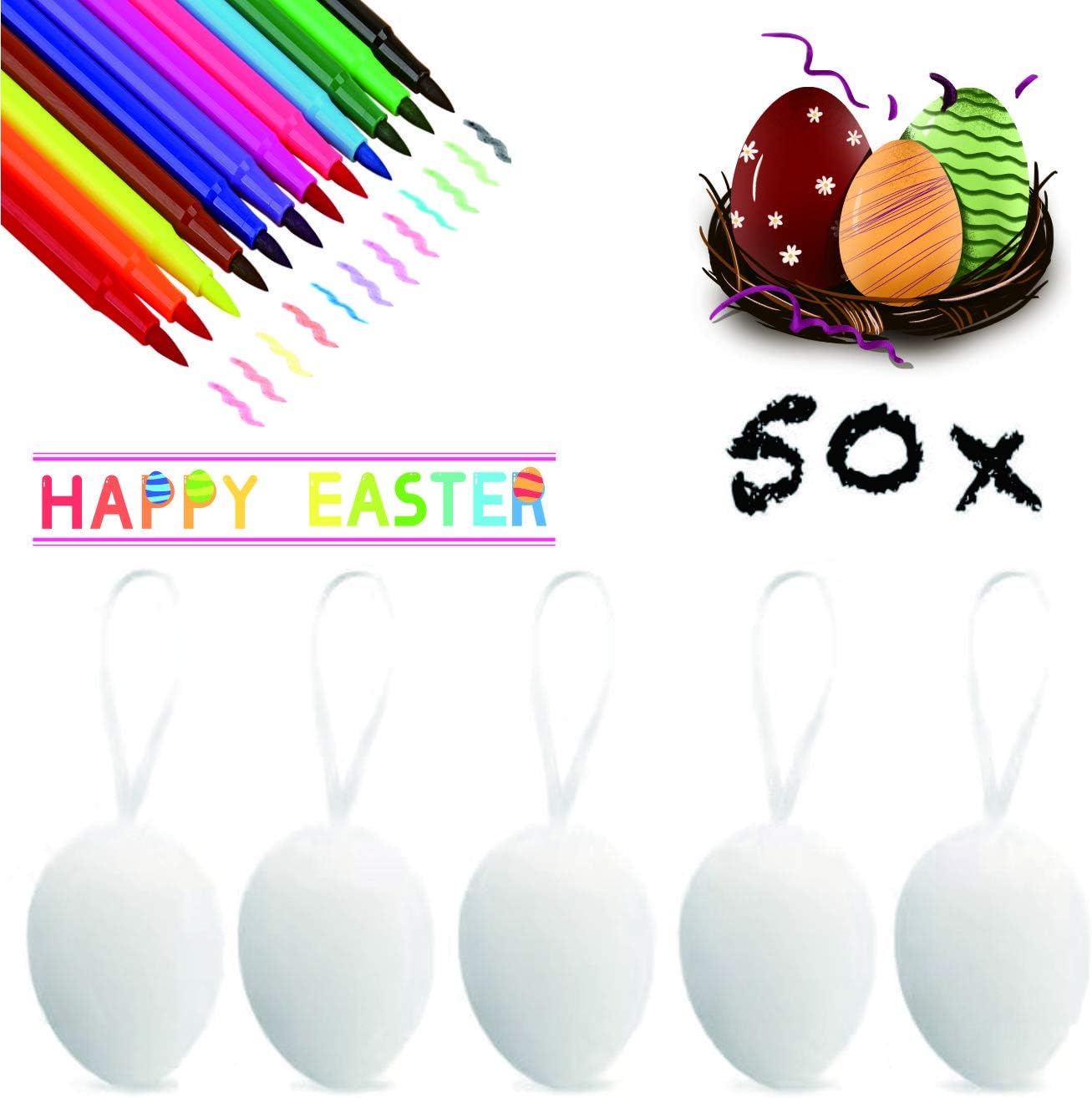 XJOO Easter Egg Home Decor Ornament, 50pcs Easter White Plastic Eggs, Artificial Egg DIY Decor Egg with 12 Pens