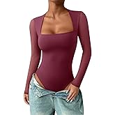 PINKMSTYLE Womens Square Neck Mesh Long Sleeve Bodysuit Going Out Tops Date Night Outfit 2025