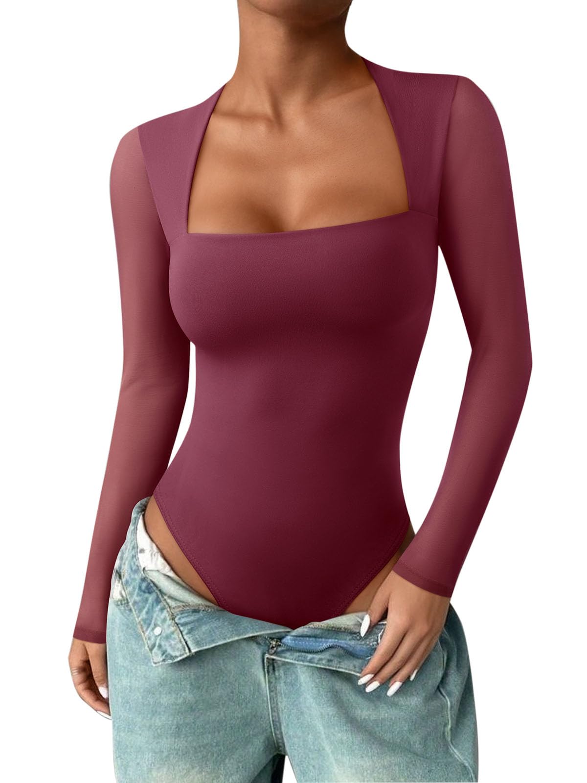 View 1 of ** VERY USED** PINKMSTYLE Long Sleeve Square Neck Bodysuit for Women Mesh Top Concert Outfits Going Out Tops Burgundy Large