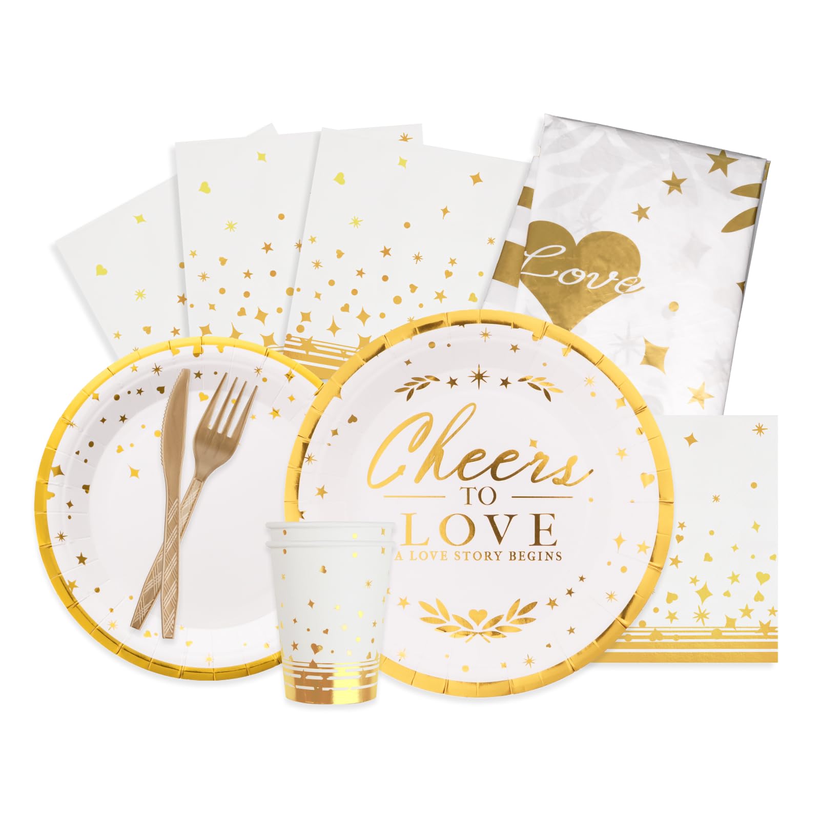 Photo 1 of 151 Counts 'Cheers to love' Gold Dinnerware and Tablecloth Set for Bridal Shower, Engagement, Wedding, Party Decorations, Elegant Tableware Set Includes Plates, Napkins, Cups, Tablecloth, Knives, Fork