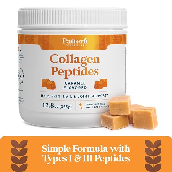 PATTERN WELLNESS COLLAGEN PEPTIDES POWDER (TYPE I & III) – HAIR, NAILS, SKIN & JOINT SUPPORT – GRASS FED & PASTURE-RAISED – HYDROLYZED, NON-GMO, DAIRY FREE, & KETO-FRIENDLY – CARAMEL (13 OZ)