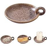 1pack Vintage Ceramic Candle Holders with Handle, Round Farmhouse Ceramic Plate Tray,Sage Holder for Burning,Incense Holder for Meditation Room Home Decor (Khaki)