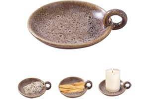 VIRFONOR 1pack Vintage Ceramic Candle Holders with Handle, Round Farmhouse Ceramic Plate Tray,Sage Holder for Burning,Incense Holder for Meditation Room Home Decor (Khaki)