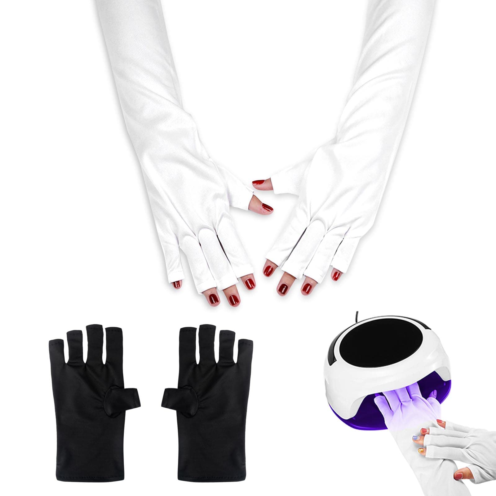 AYNKH UV Gloves 2 Pair for Gel Nails Anti UV Shield Gloves Gel Manicure Nail Art Dryer Tools to Protect Hands from UV Light Lamp Dryer Black White