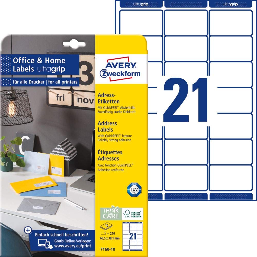 AVERY Zweckform 7160-10 Address Labels (210 Labels, 63.5 x 38.1 mm on A4, Printable Labels, Self-Adhesive Address Labels with Ultragrip, Ideal for Home Office) 10 Sheets, White