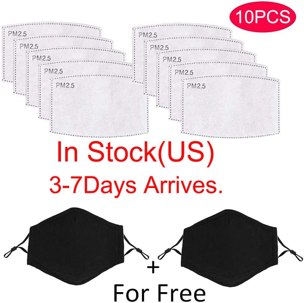 Taymey 10 Pcs Activated Carbon Filters Meltblown Non-Woven Cloth 5 Layers Filters, 2 Pack Free for Women Mens Children Black Cotton Adjustable Reusable Breathing Anti Dust (10 Pcs+2Black)